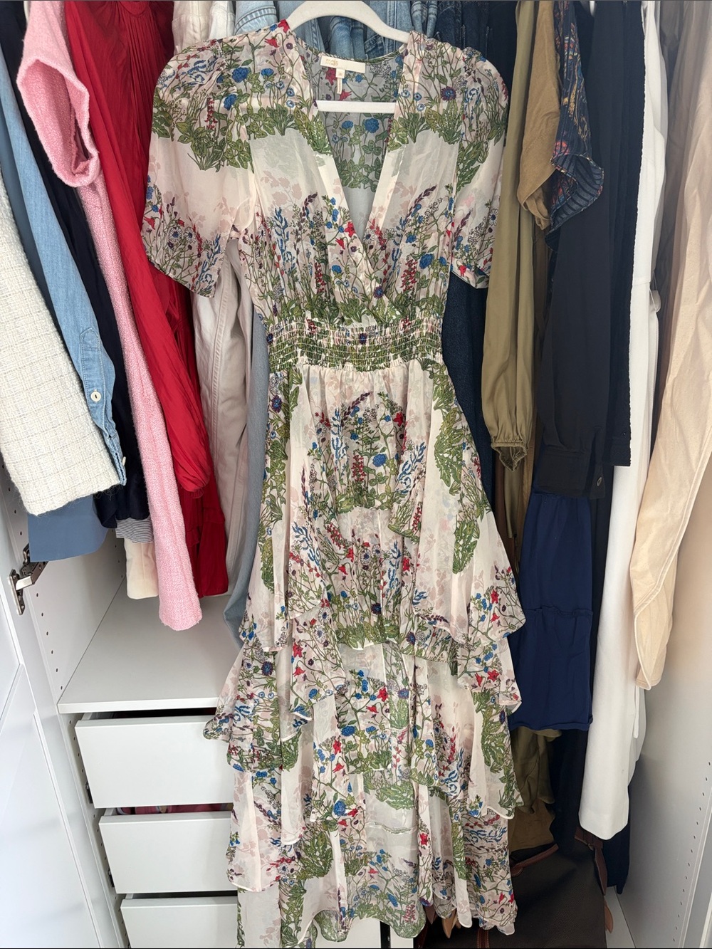 Maje Cream Floral Tiered Maxi Dress with Green and Blue Print